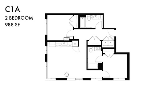 Floor plan for 2 beds, 2 baths, 990 sqft